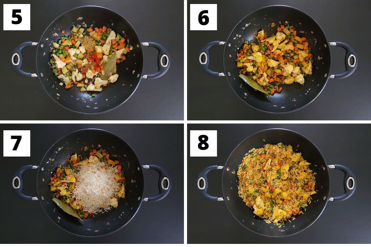 Collage of steps 5 to 8 of curried rice recipe.