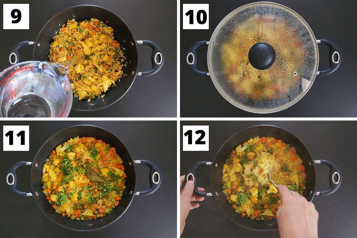 Collage of steps 9 to 12 of curried rice recipe.