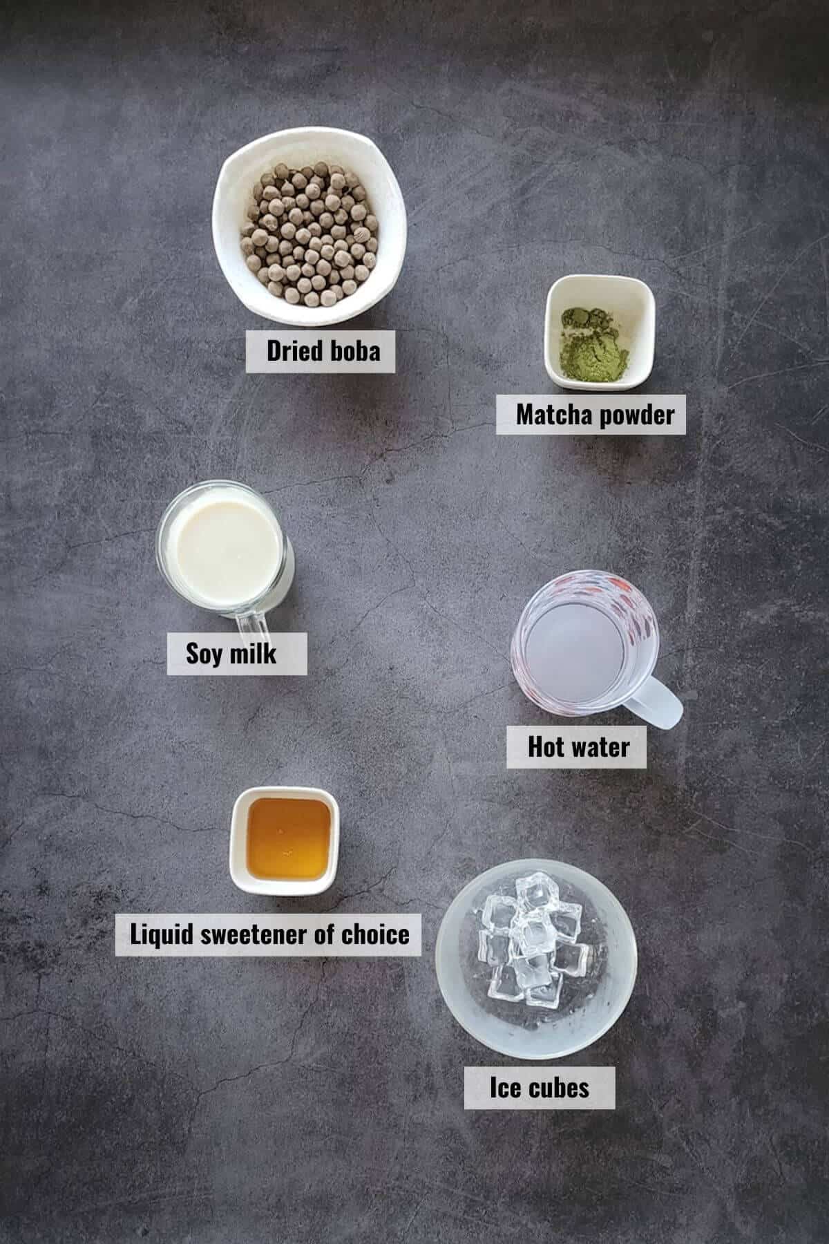Ingredients needed for matcha bubble tea, labeled.