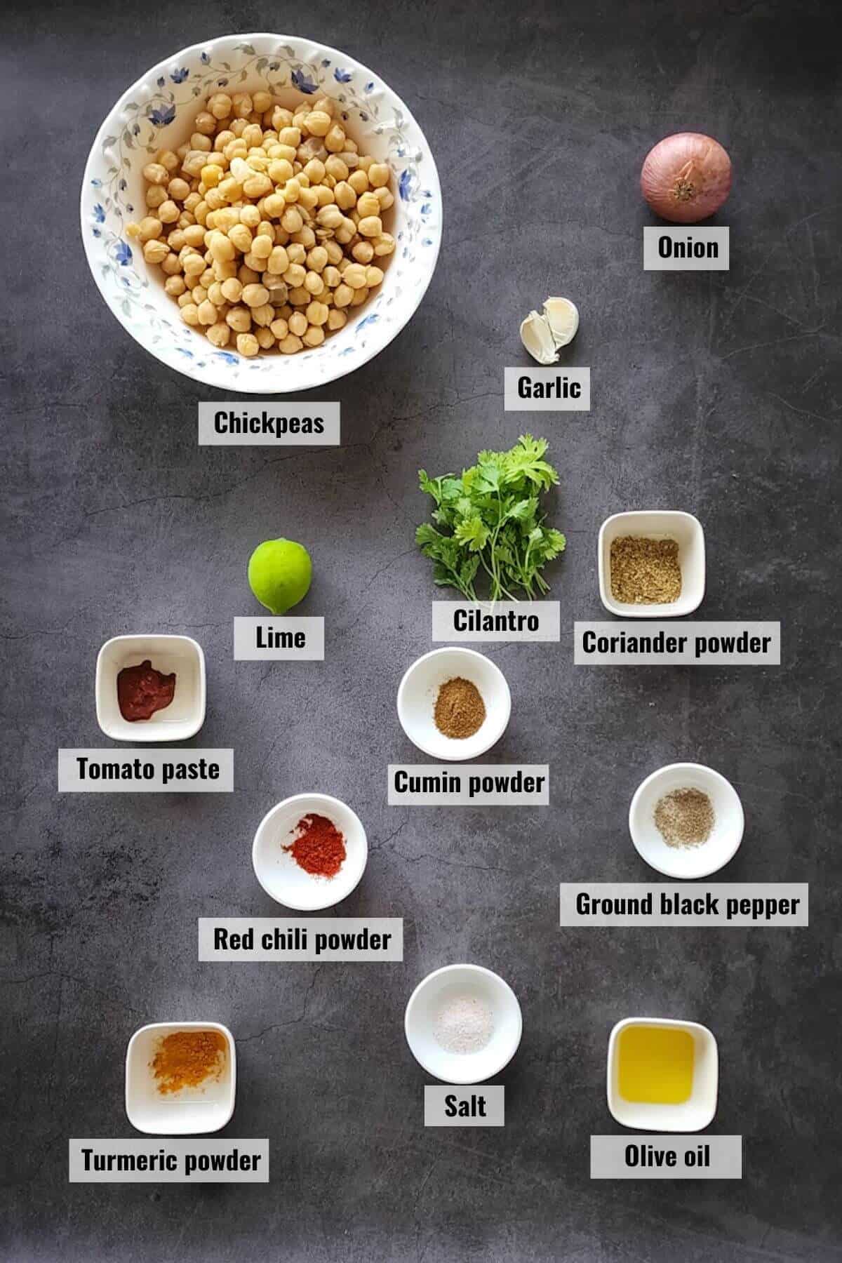 Ingredients required for sauteed chickpeas recipe, labeled.