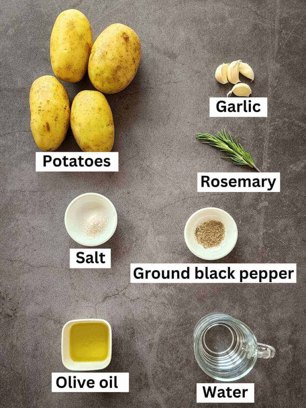 Ingredients required for pan fried potatoes recipe, labeled.