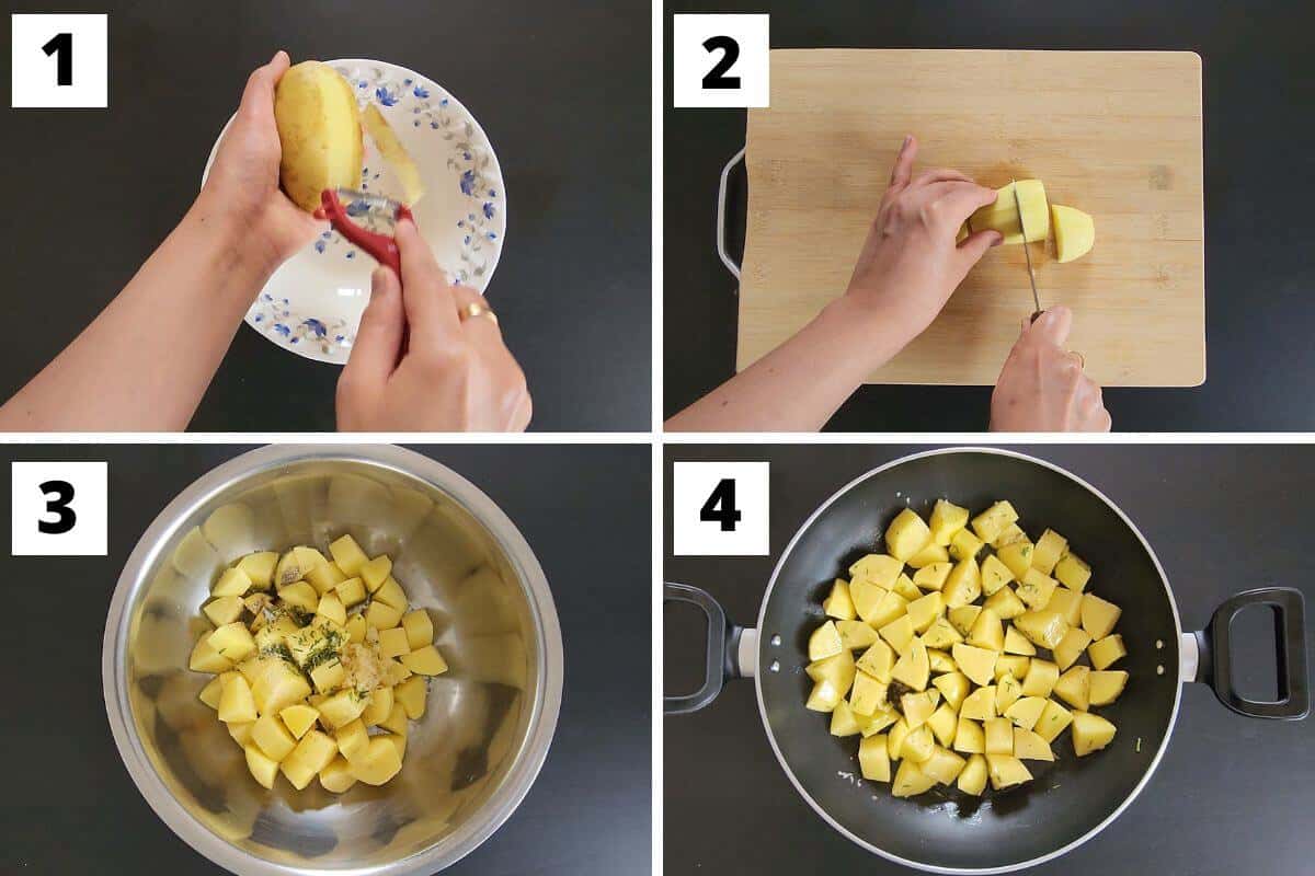 Collage of images of steps 1 to 4 of pan fried potatoes recipe.