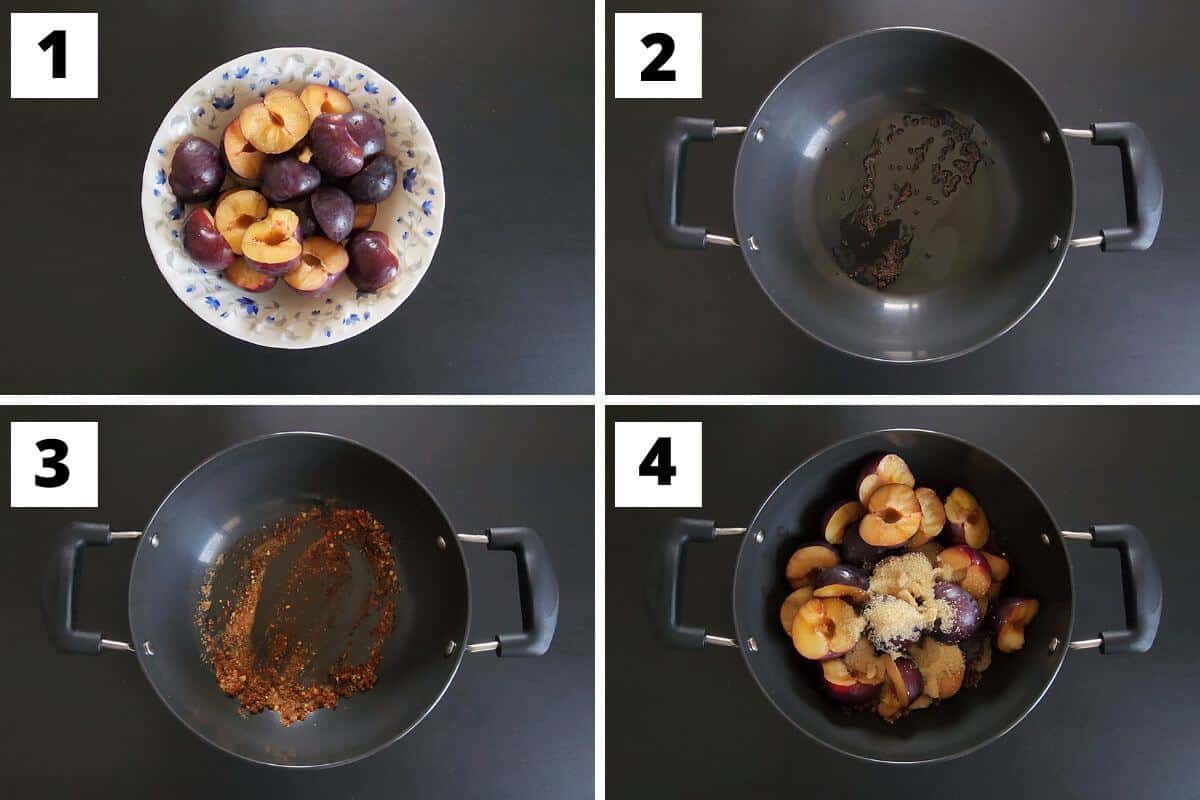 Collage of images of steps 1 to 4 of plum chutney recipe.
