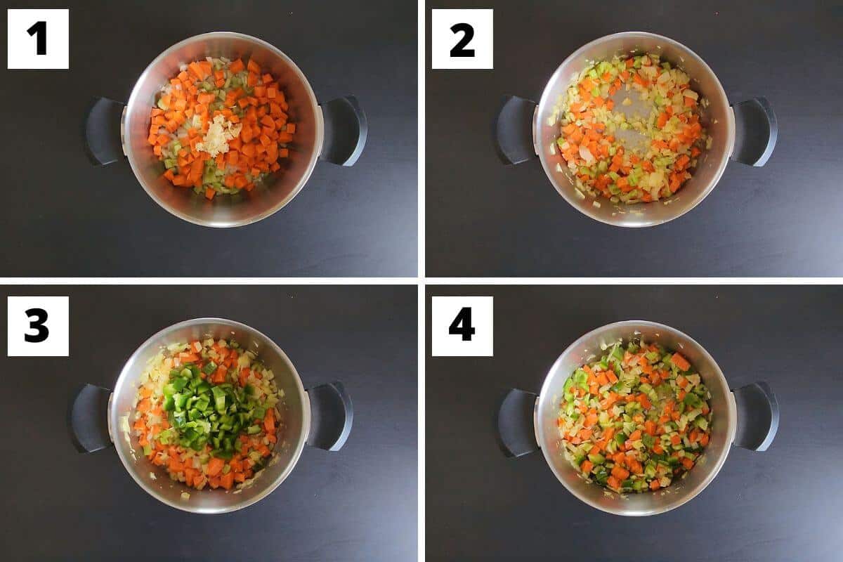 Collage of images of steps 1 to 4 of kidney bean stew recipe.