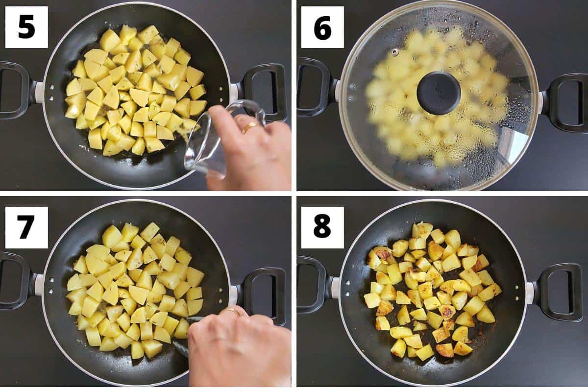 Collage of images of steps 5 to 8 of pan fried potatoes recipe.