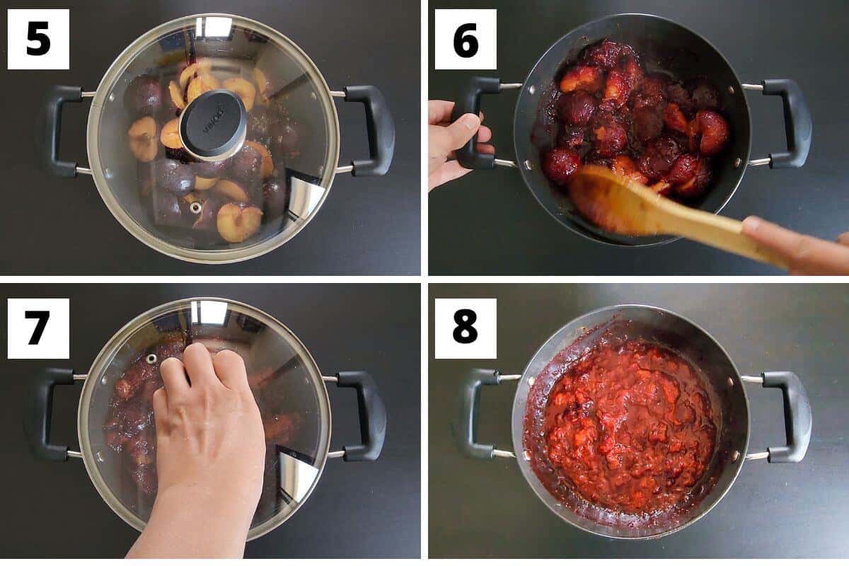Collage of images of steps 5 to 8 of plum chutney recipe.