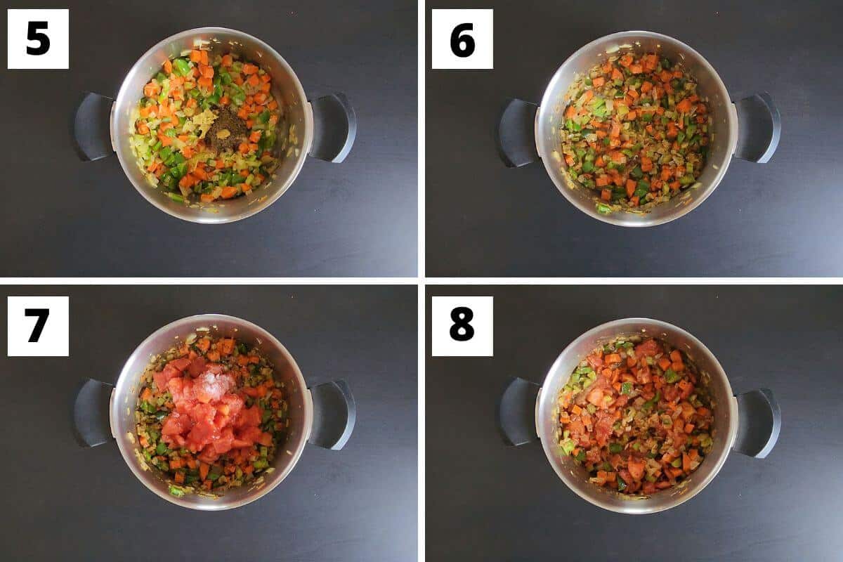 Collage of images of steps 5 to 6 of kidney bean stew recipe.