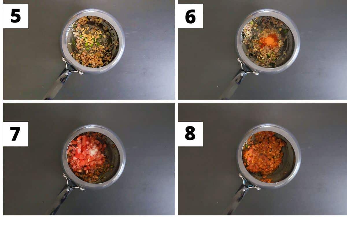 Collage of images of steps 5 to 8 of toor dal khichdi recipe.