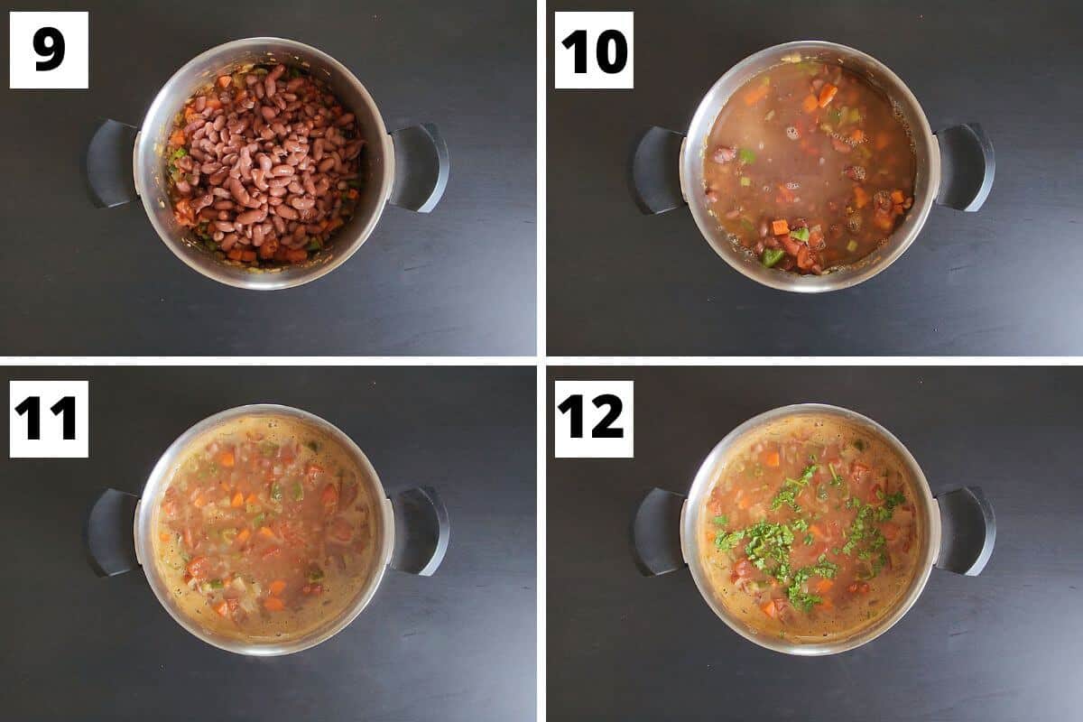 Collage of images of steps 9 to 12 of kidney bean stew recipe.