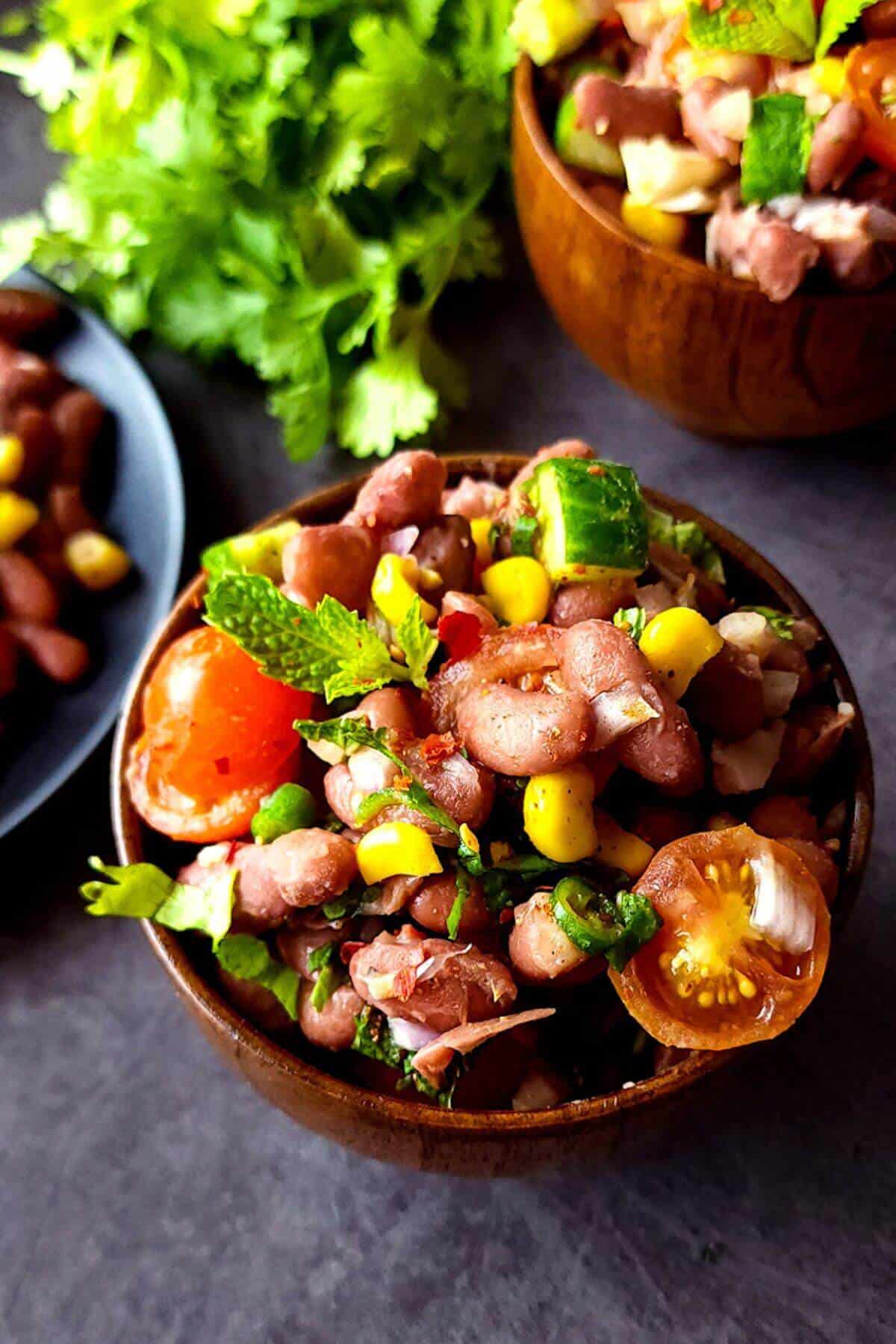 Red kidney bean salad served in a wooden bowl with another salad bowl and fresh herbs in the background.