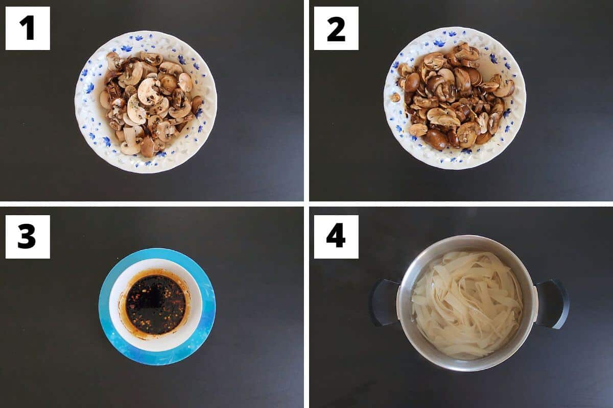 Collage of images of steps 1 to 4 of mushroom chow fun noodles recipe.