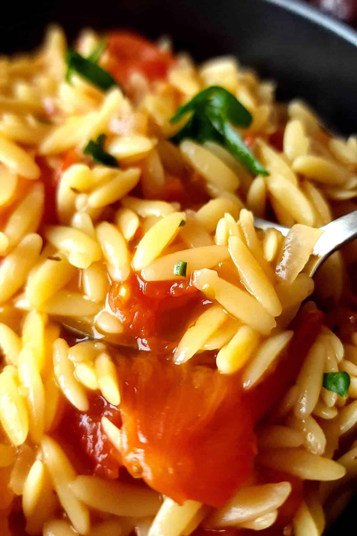 Greek orzo with tomatoes in a bowl with a spoon.