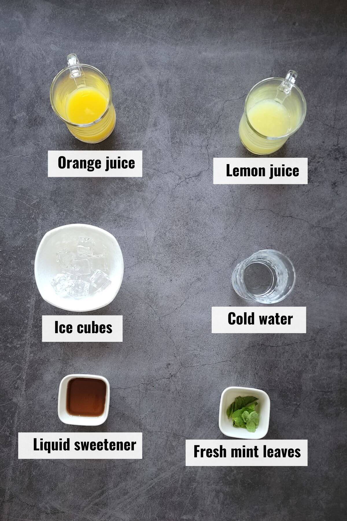 Ingredients for orange lemonade recipe, labeled.