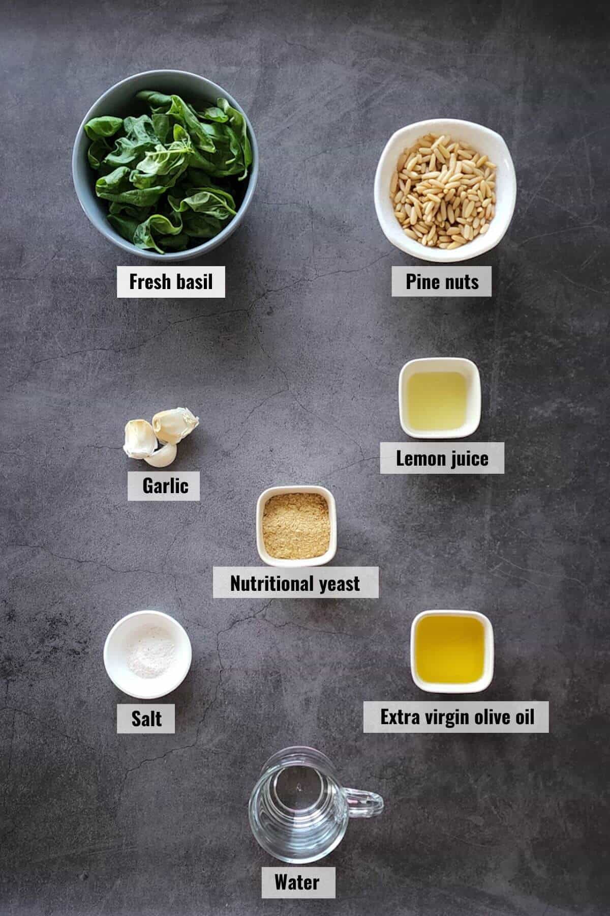 Ingredients for vegan pesto recipe, labeled.