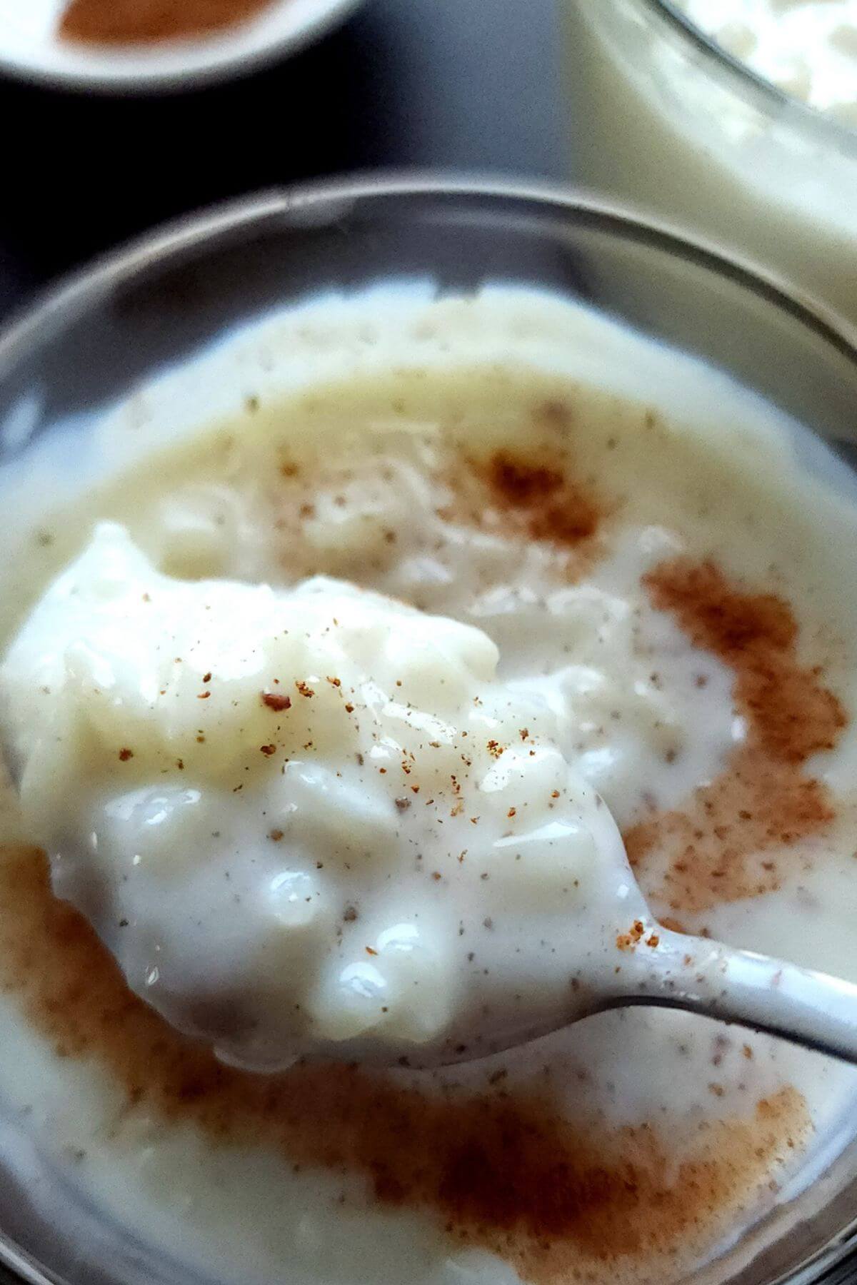 A spoonful of rizogalo held over a bowl of pudding.