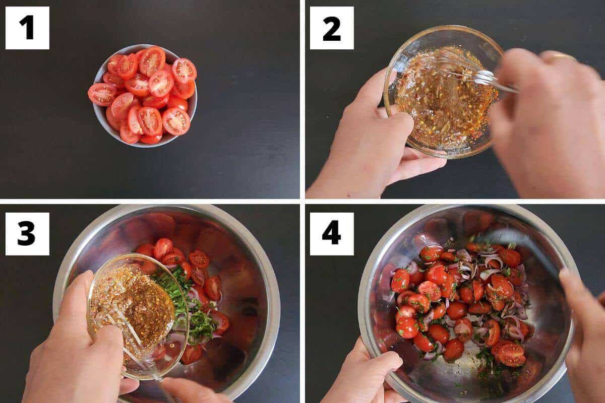 Collage of image of steps 1 to 4 of Middle Eastern tomato parsley salad recipe.