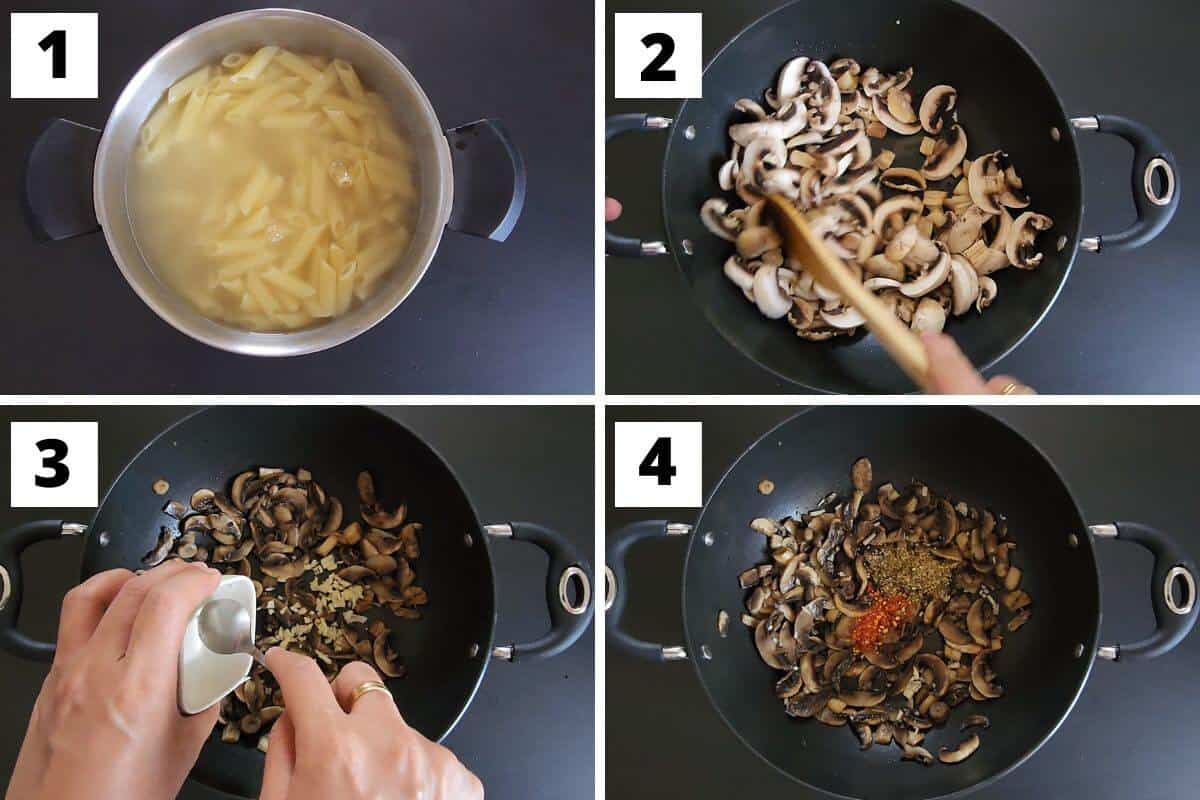 Collage of images of steps 1 to 4 of penne rosa recipe.