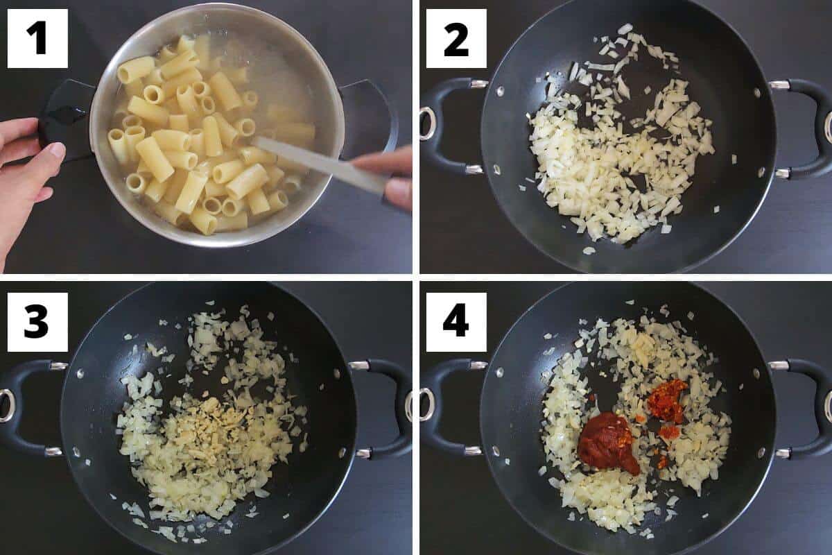 Collage of images of steps 1 to 4 of spicy rigatoni pasta.