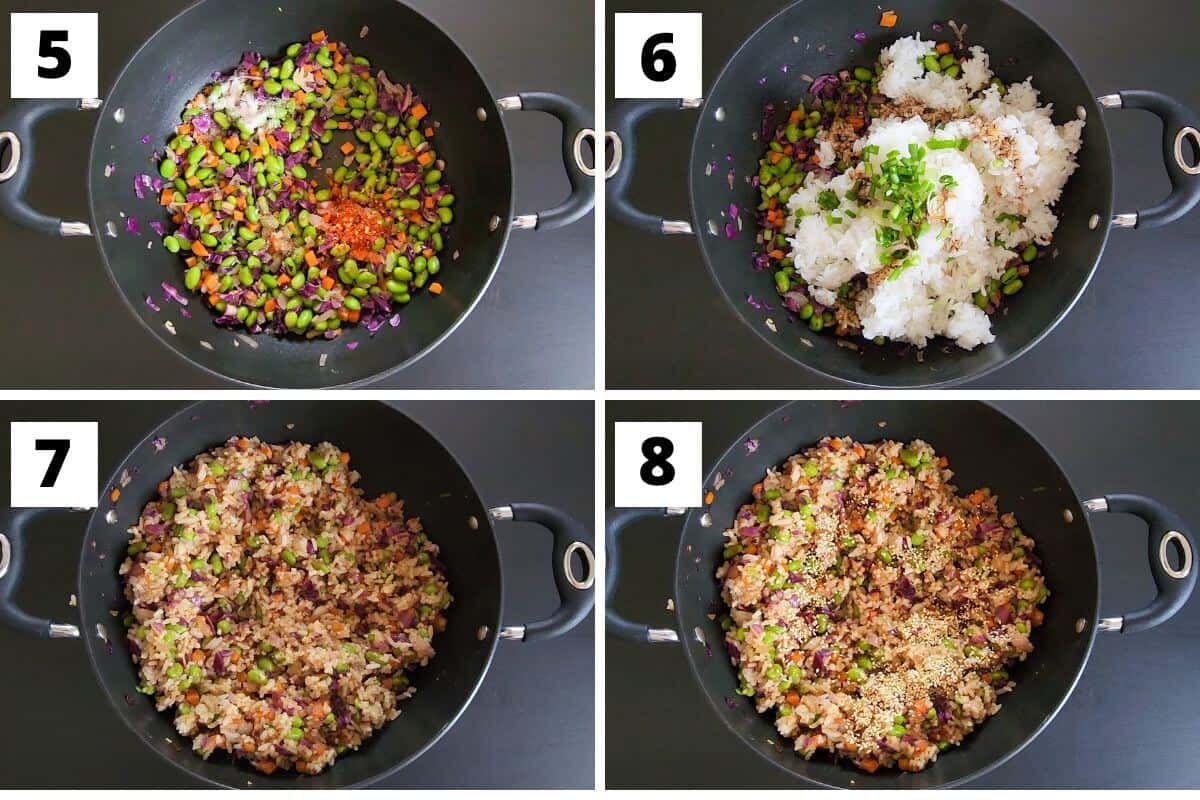 Collage of images of steps 5 to 8 of edamame fried rice recipe.