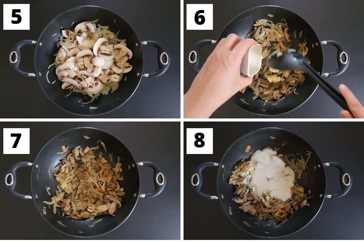 Collage of images of steps 5 to 8 of mushroom ricotta pasta recipe.
