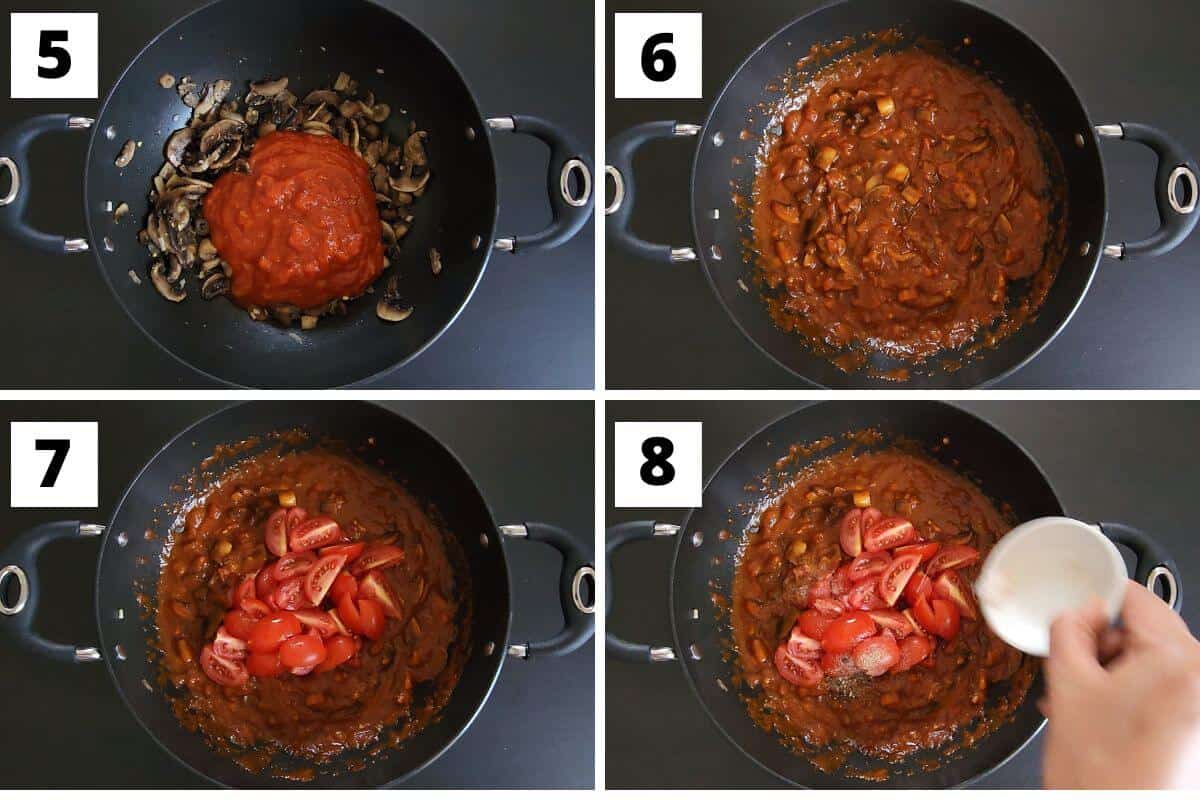 Collage of images of steps 5 to 8 of penne rosa recipe.