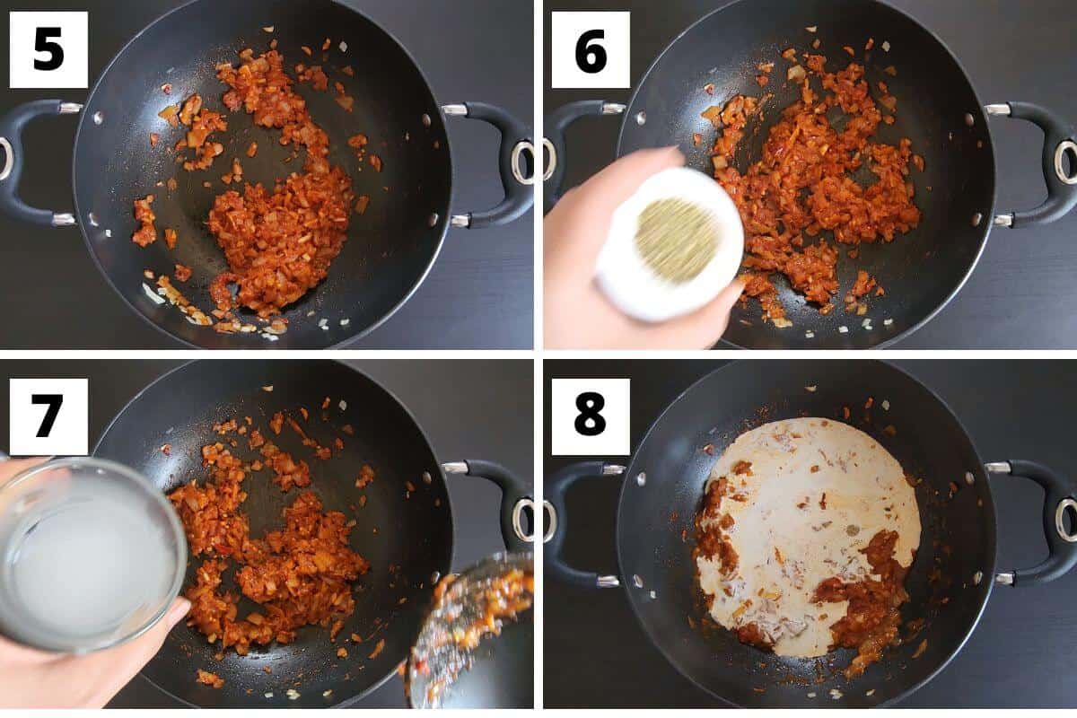 Collage of images of steps 5 to 8 of spicy rigatoni pasta.