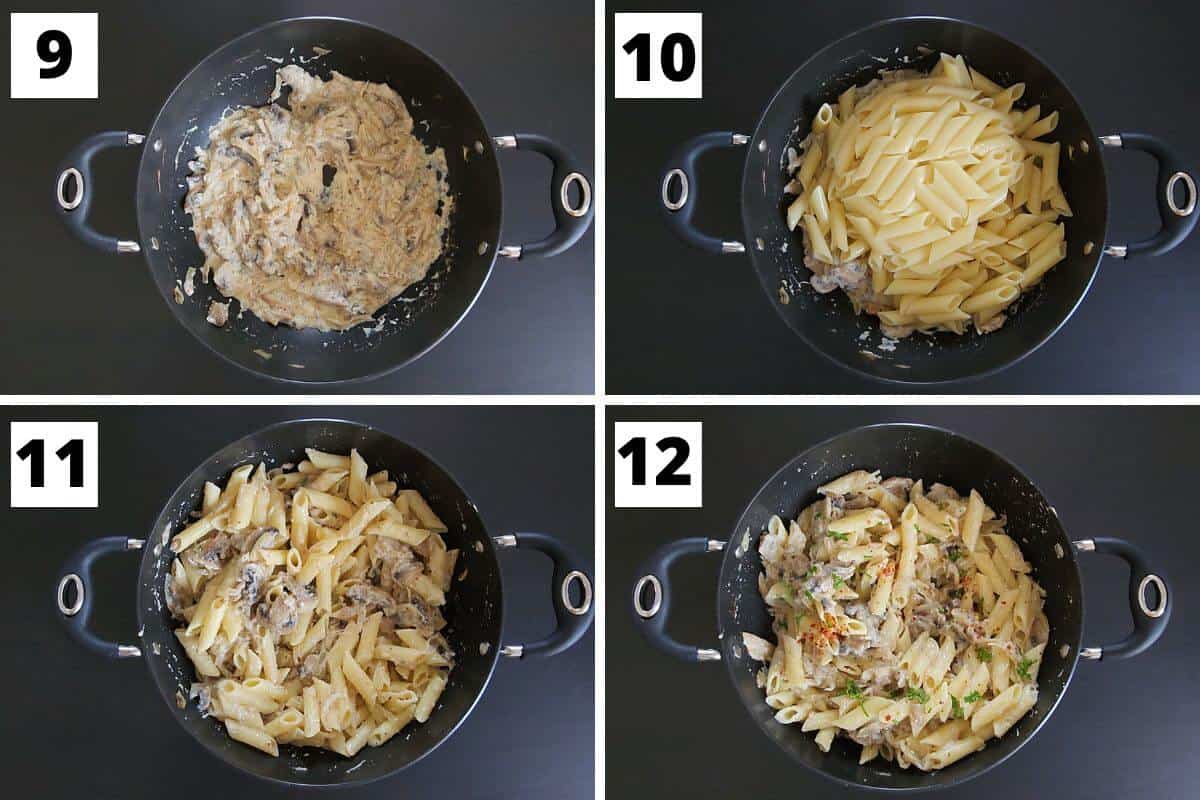 Collage of images of steps 9 to12 of mushroom ricotta pasta recipe.