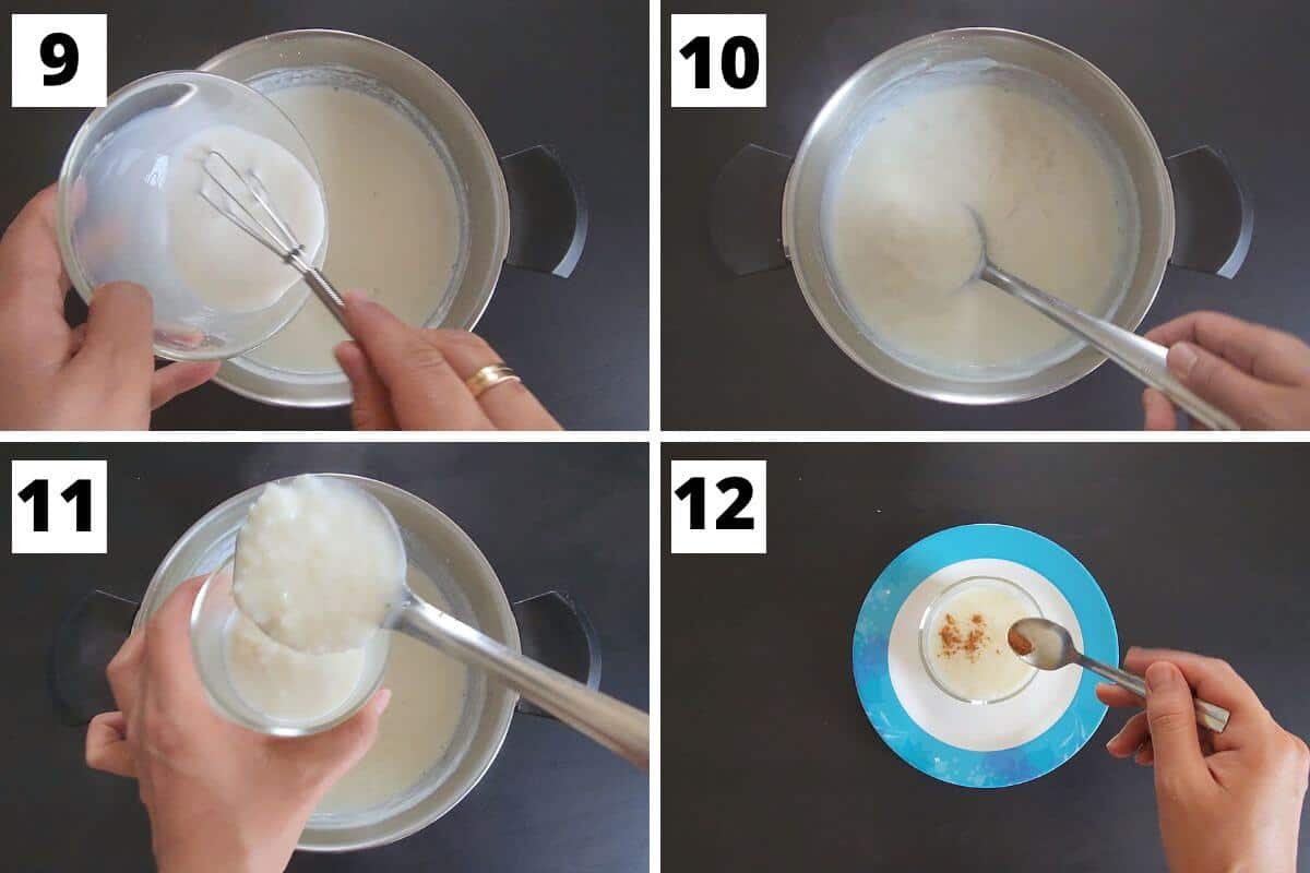 Collage of images of steps 10 to 12 of Greek rice pudding recipe.