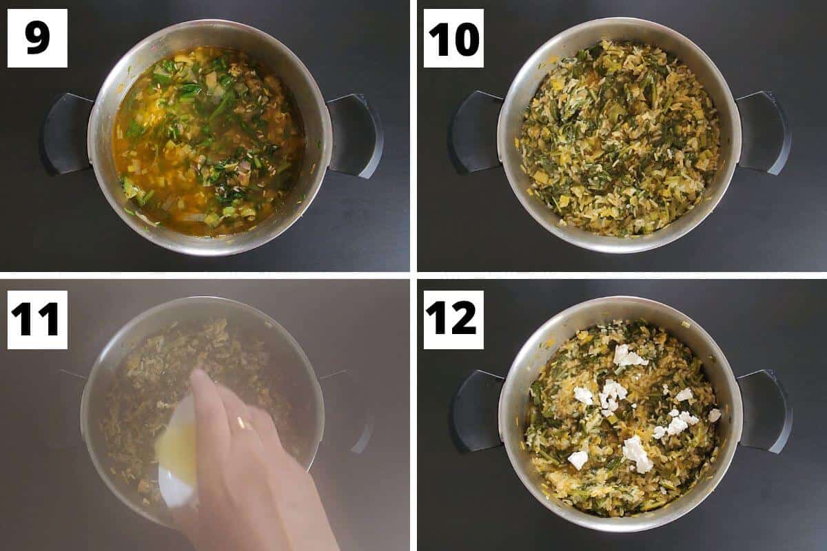 Collage of images of steps 9 to 10 Greek spinach rice recipe.