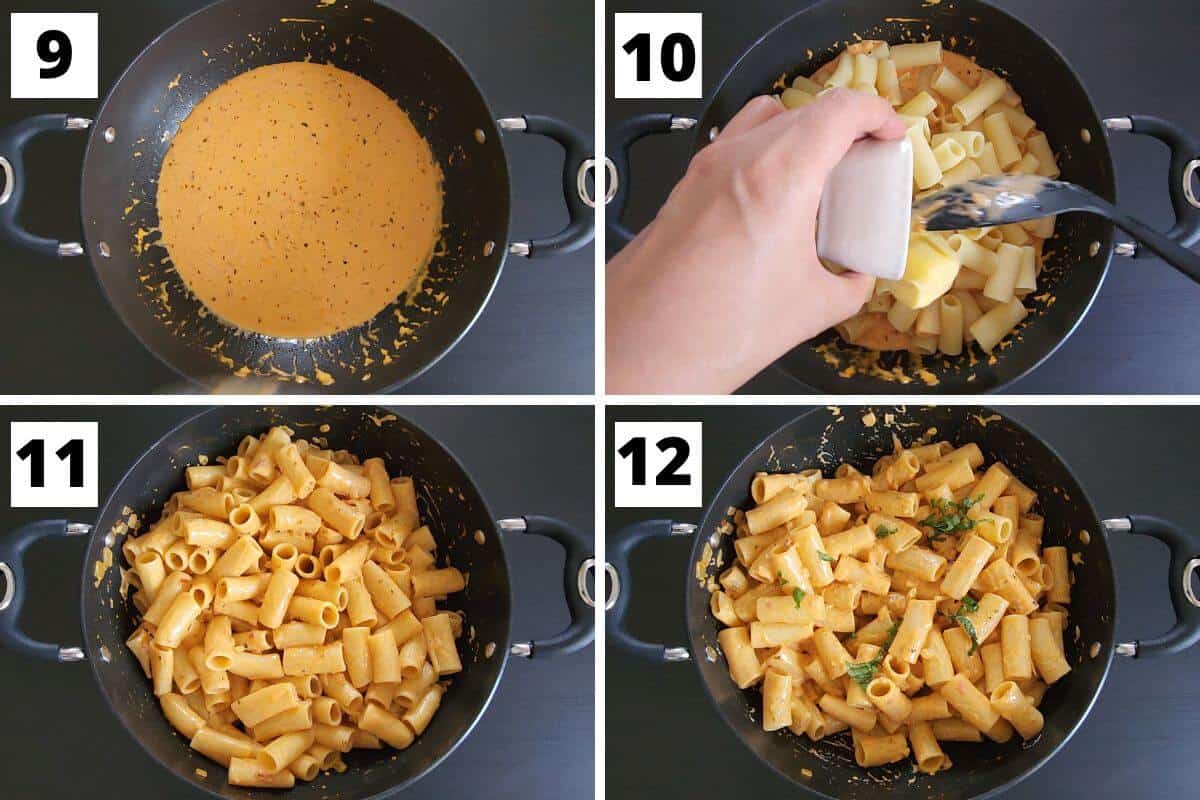 Collage of images of steps 9 to 12 of spicy rigatoni pasta.