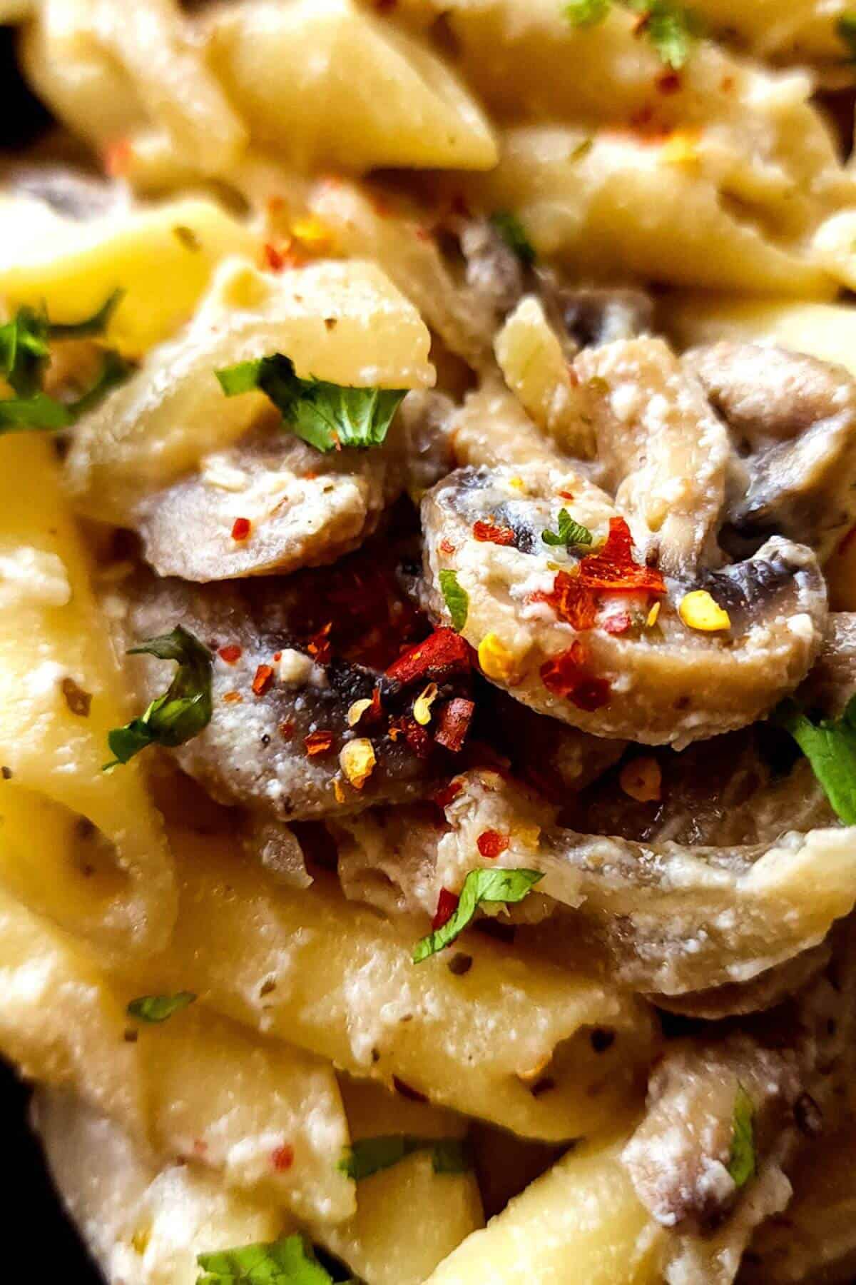 Close up shot of ricotta pasta with mushrooms garnished with chili flakes and parsley.