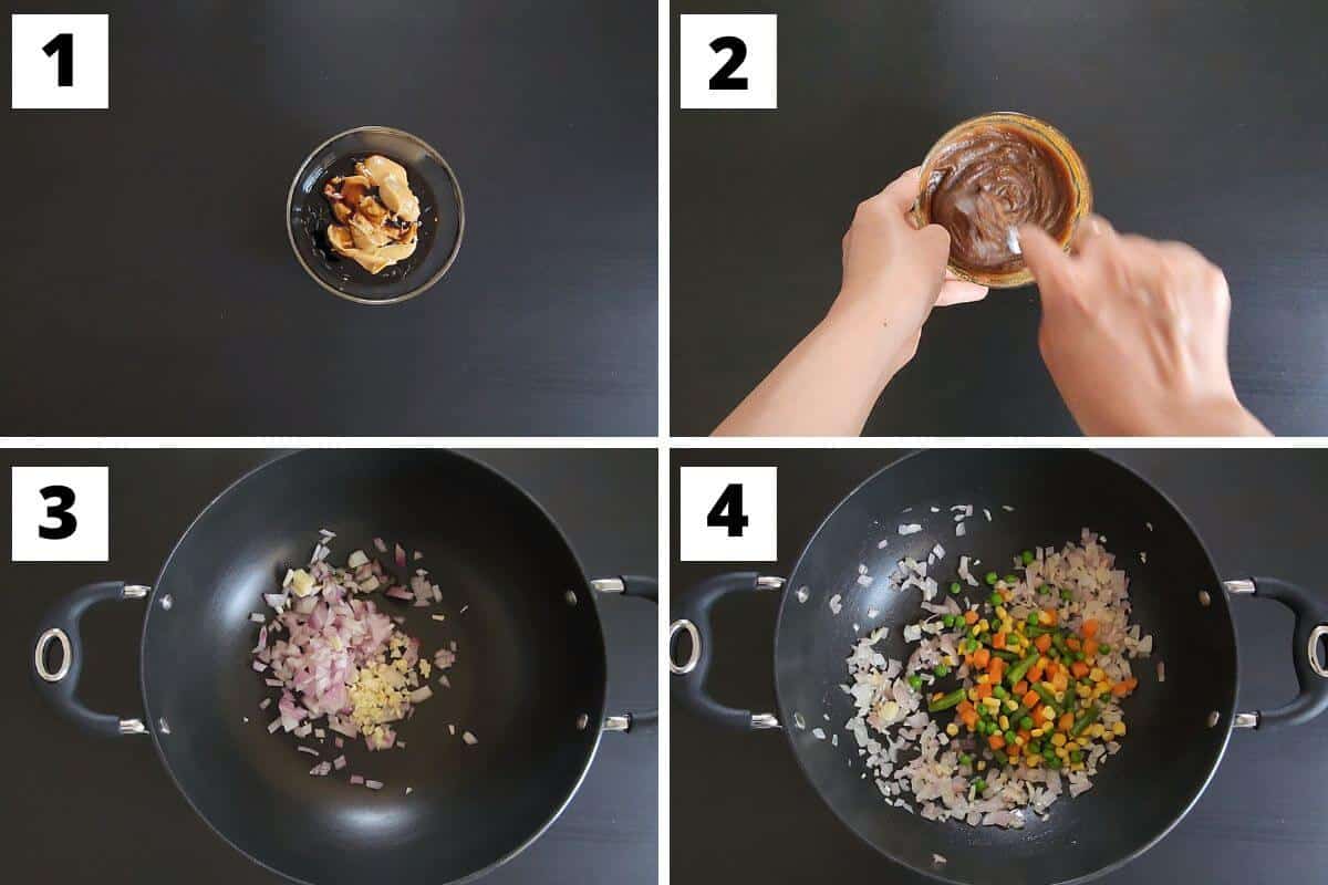 Collage of images of steps 1 to 4 of peanut butter rice recipe.