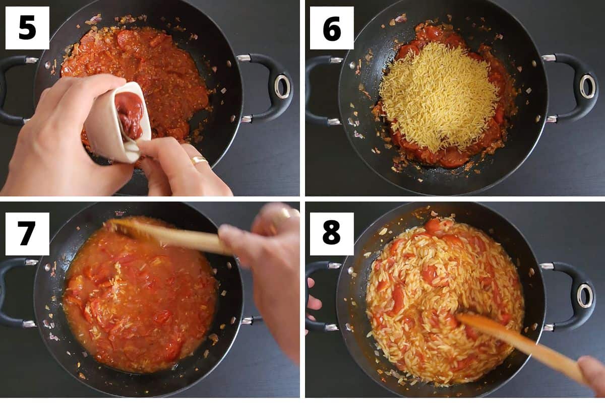 Collage of images of steps 5 to 8 Greek tomato orzo recipe.