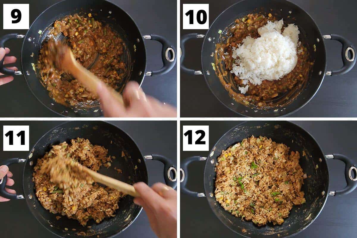 Collage of images of steps 9 to 12 of peanut butter rice recipe.