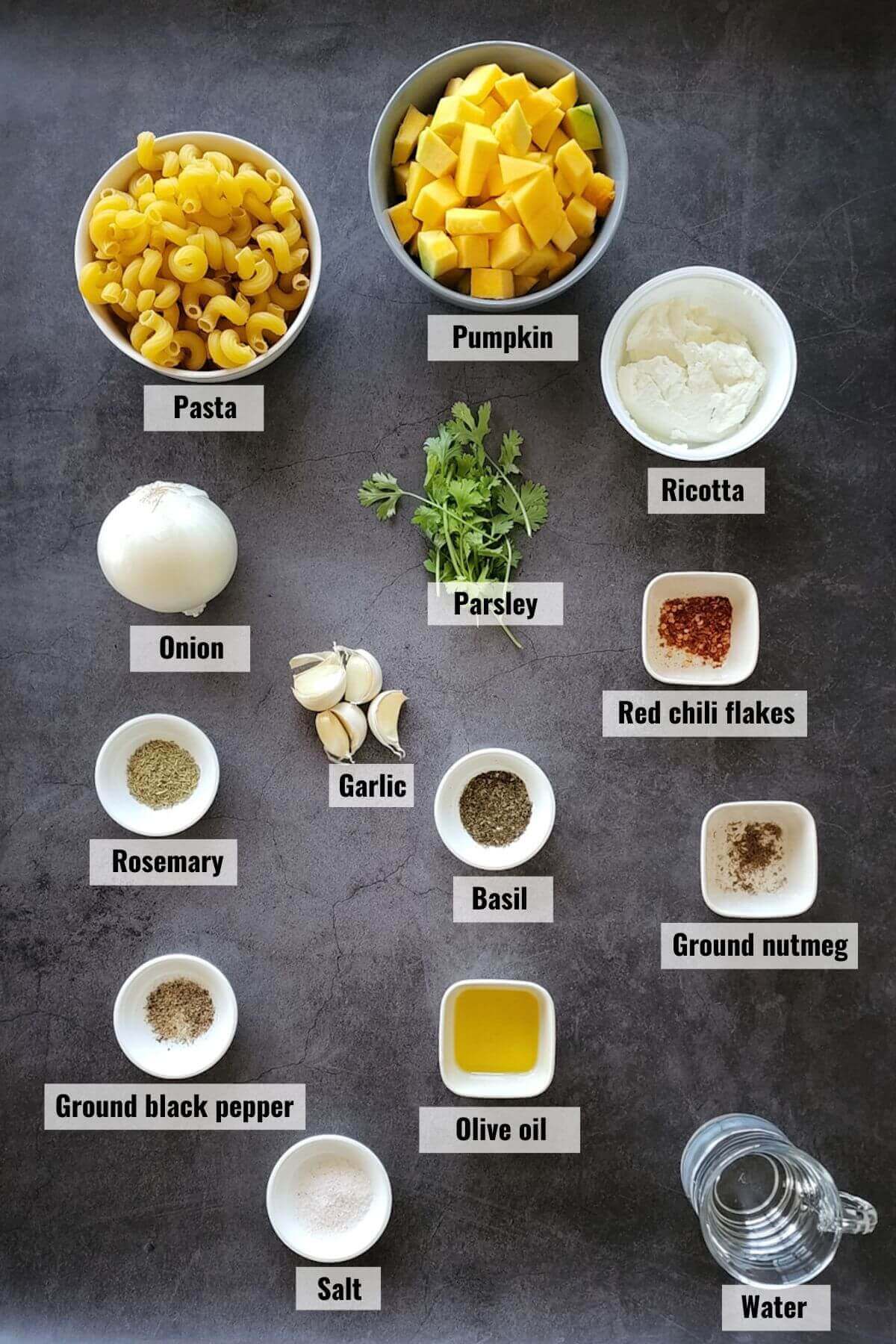 Ingredients required for pumpkin and ricotta pasta recipe.