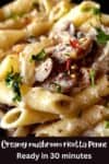 Penne pasta with ricotta mushrooms garnished with red chili flakes and parsley.