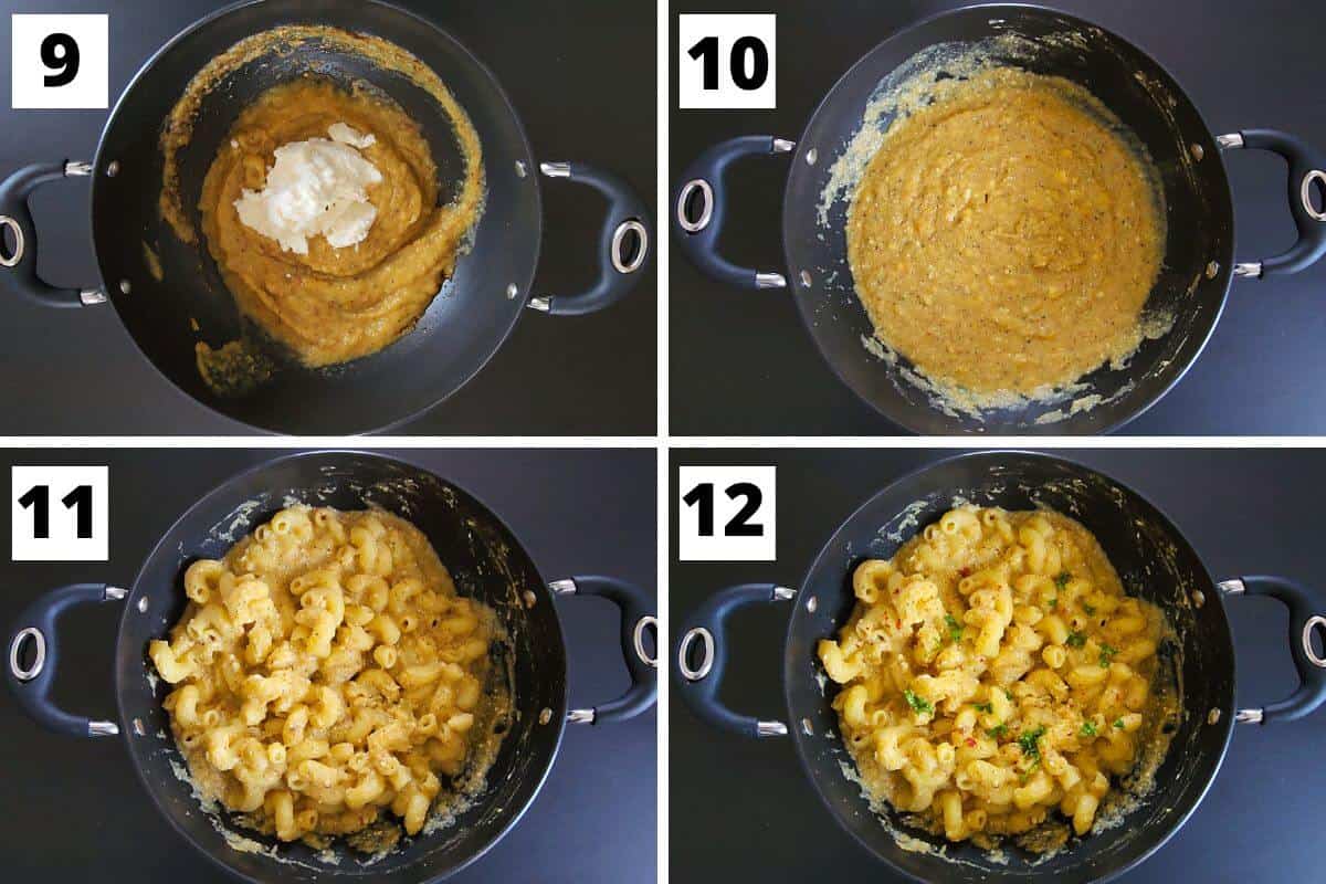 Collage of images of steps 9 to 12 of pumpkin ricotta pasta recipe.