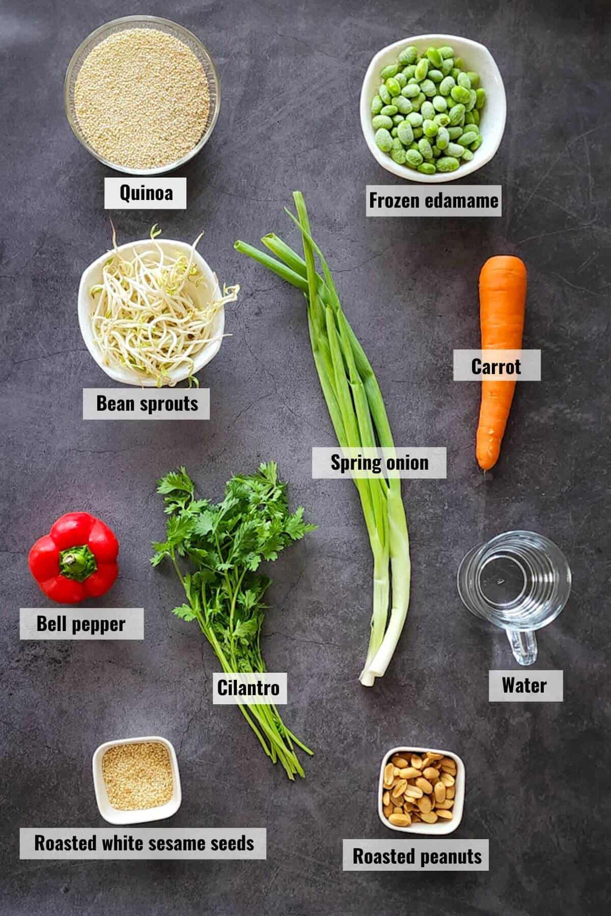 Ingredients for Asian quinoa edamame salad, labeled.