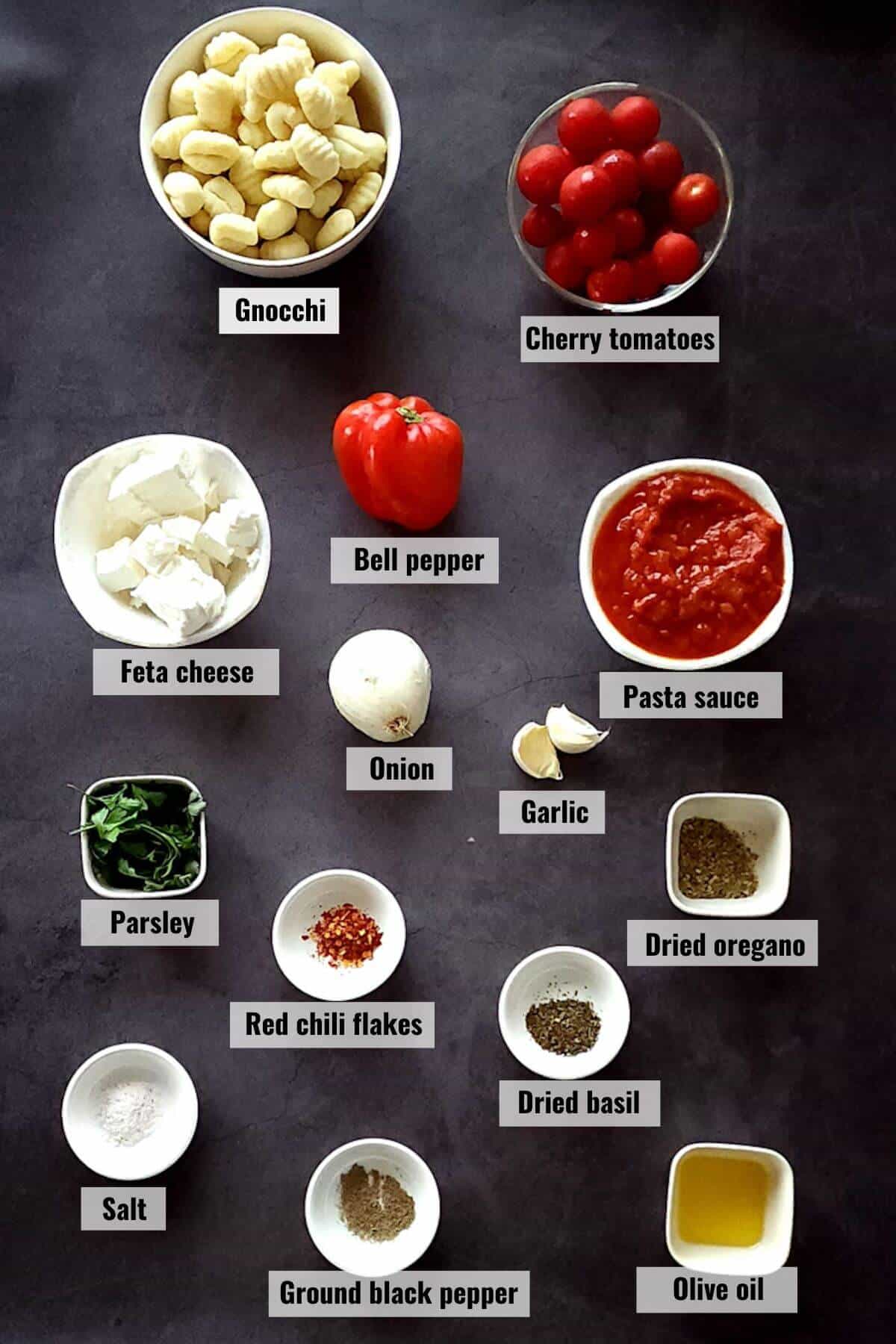 Ingredients for vegetarian gnocchi bake recipe, labeled.