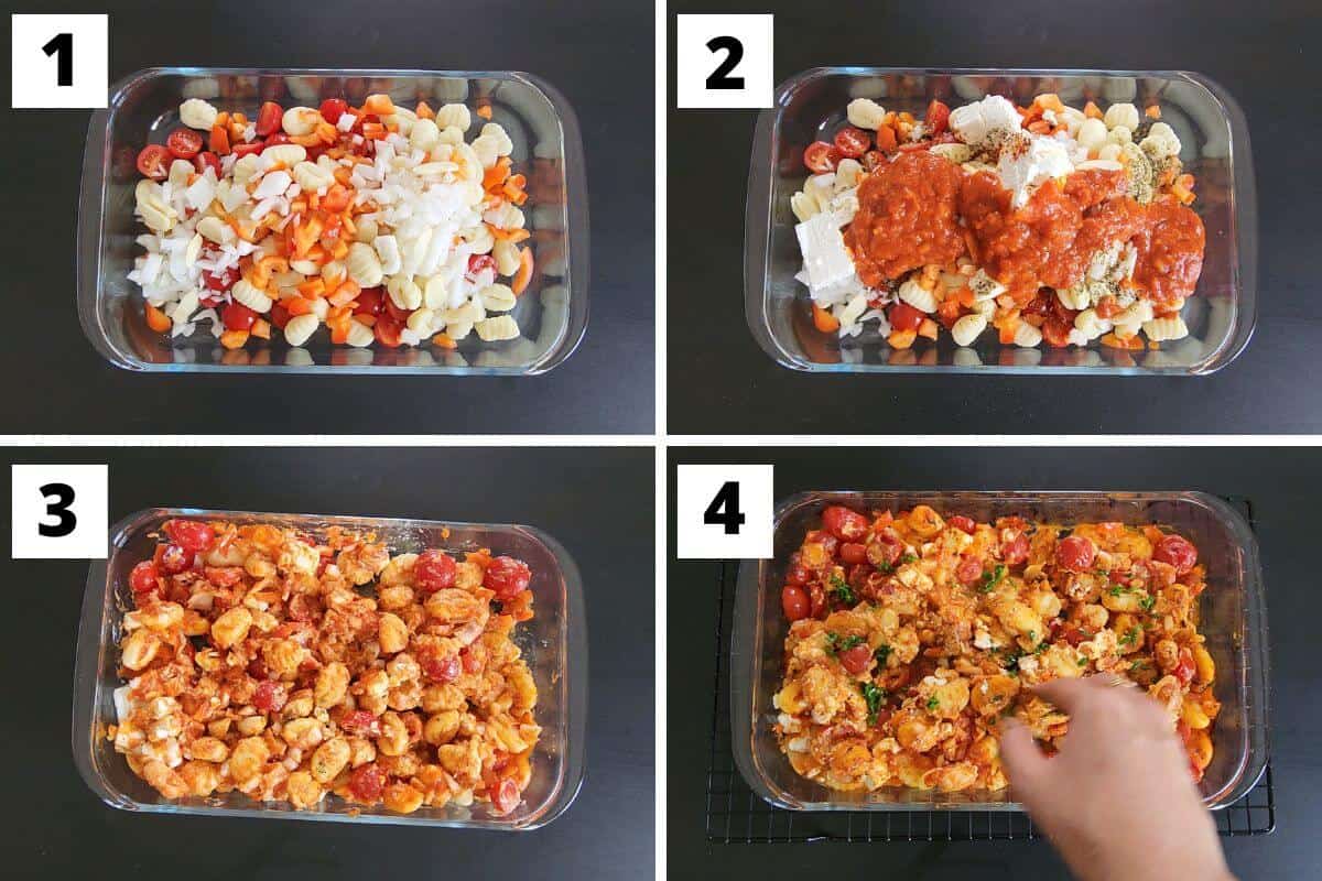 Collage of steps 1 to 4 of vegetarian oven baked gnocchi recipe.