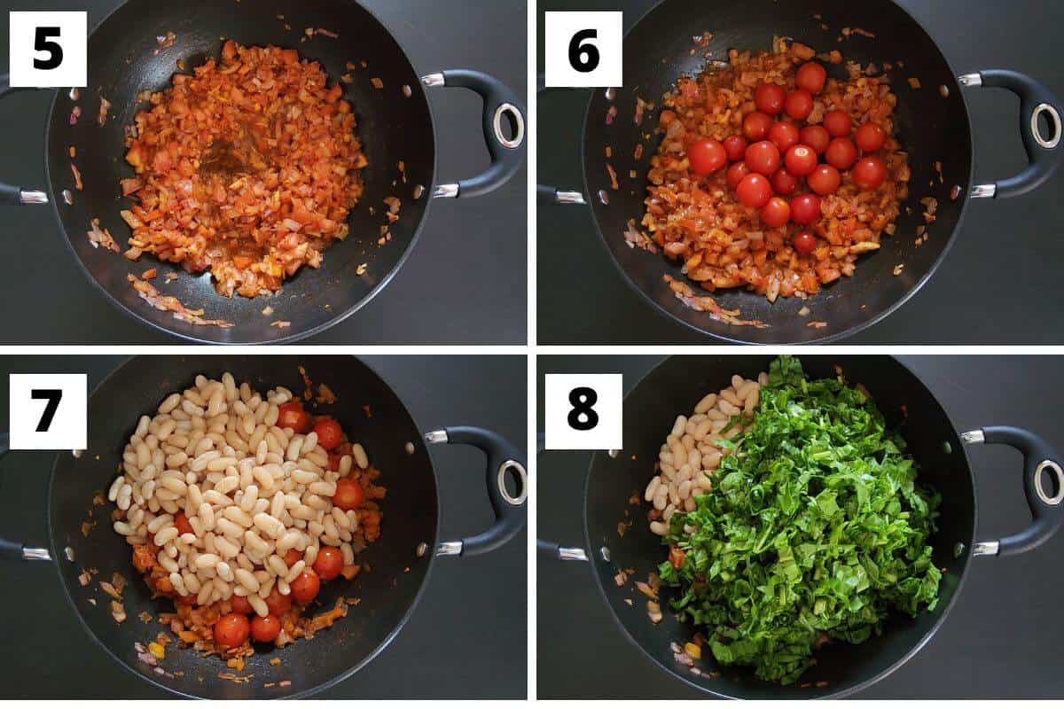 Collage of steps 5 to 8 of baked white beans recipe.