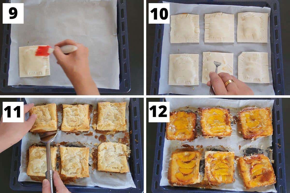 Collage of images of steps 9 to 12 of peach puff pastry recipe.