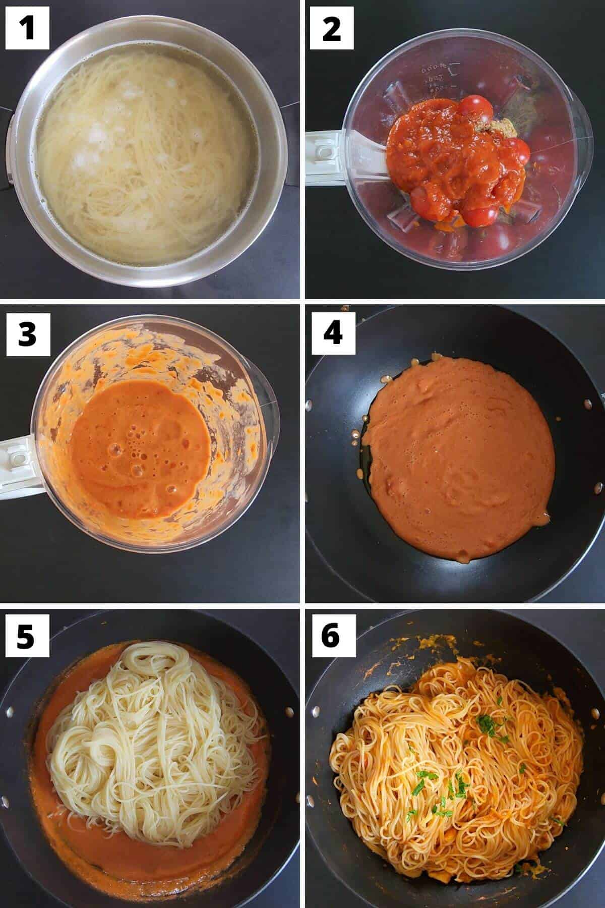 Collage of images of steps 1 to 6 of tomato pasta.
