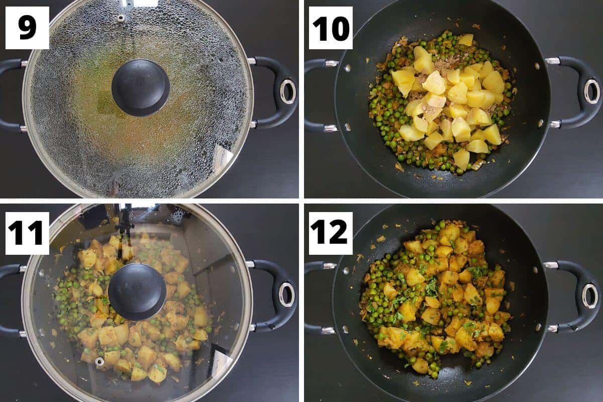 Collage of images of steps 9 to 12 of aloo matar dry recipe.