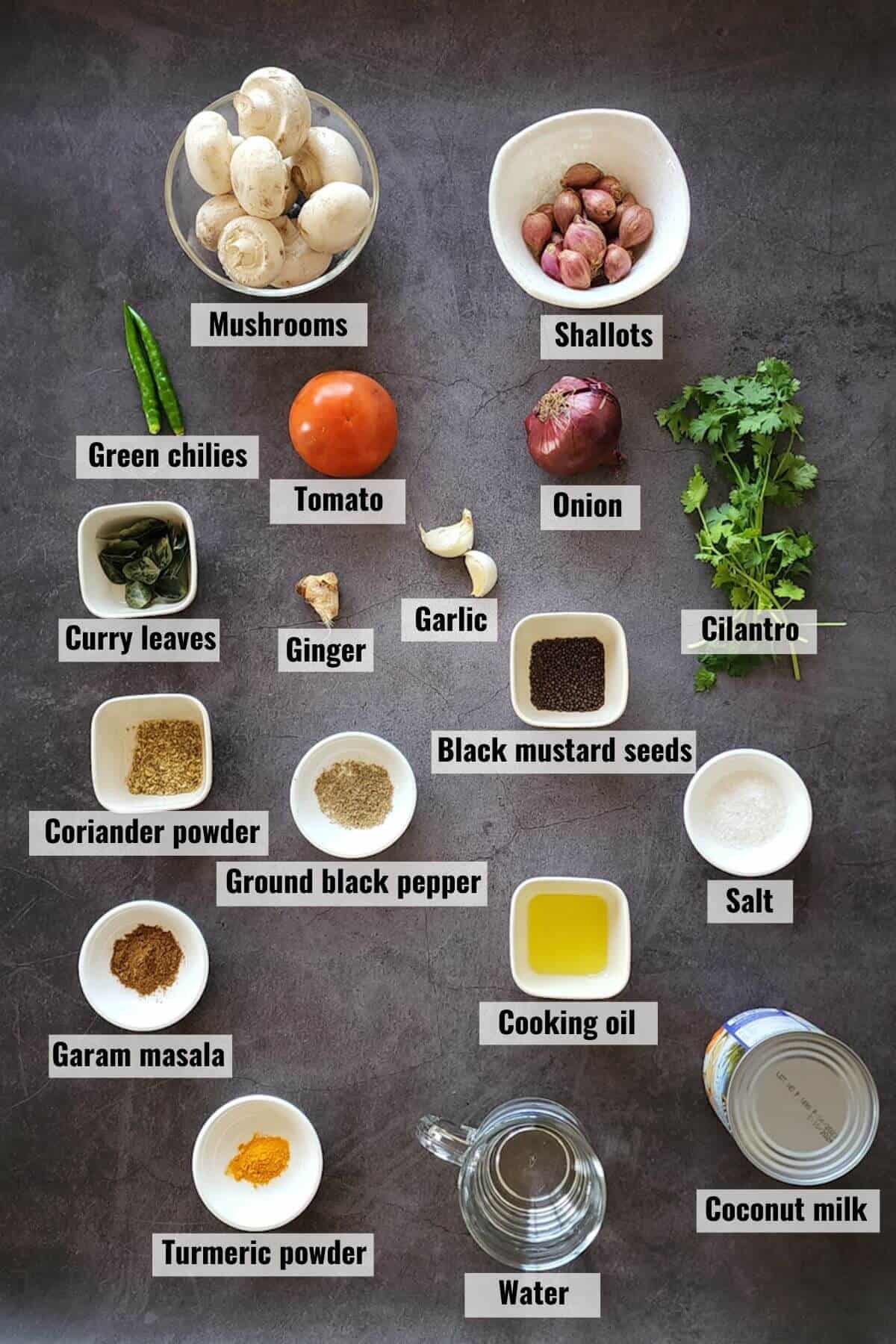 Ingredients required to make mushroom curry with coconut milk recipe, labeled.