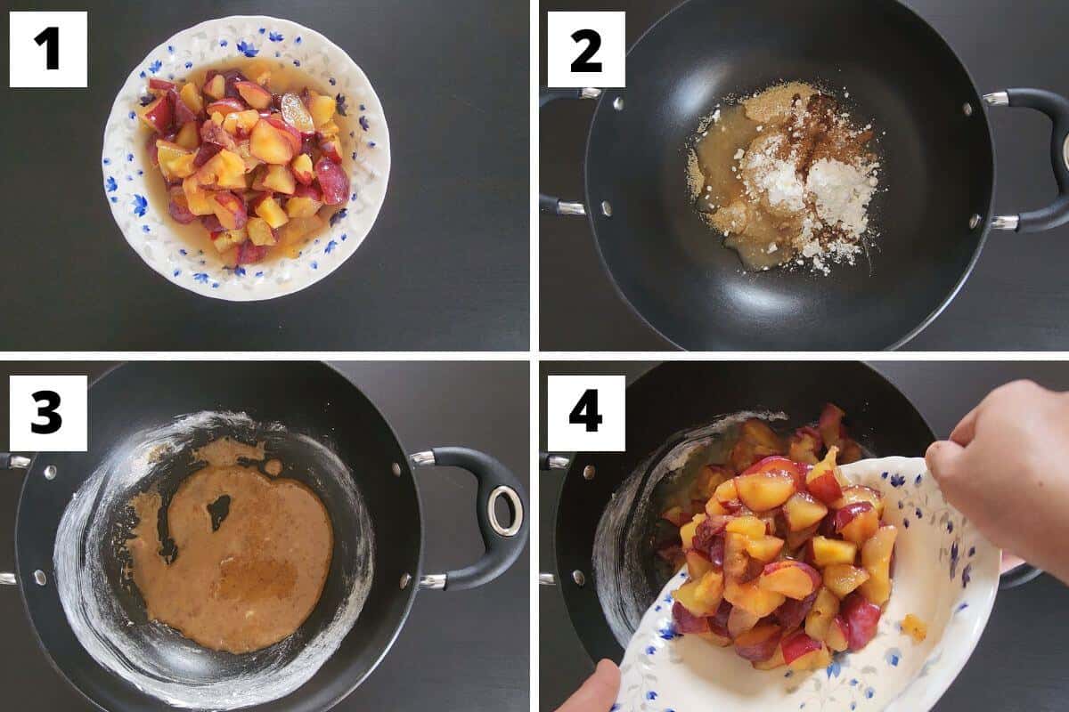 Collage of images of steps 1 to 4 of plum cobbler recipe.