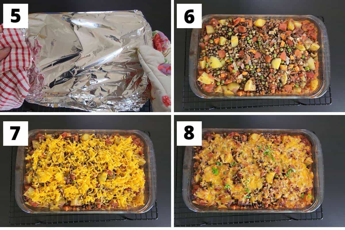 Collage of images of steps 5 to 8 of baked lentil casserole recipe.
