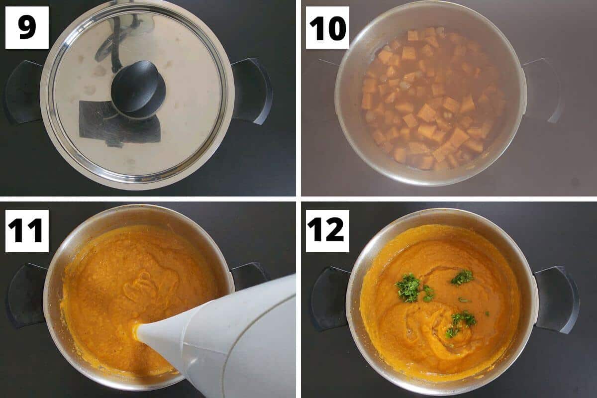 Collage of images of steps 9 to 12 of Moroccan sweet potato and chickpea soup recipe.