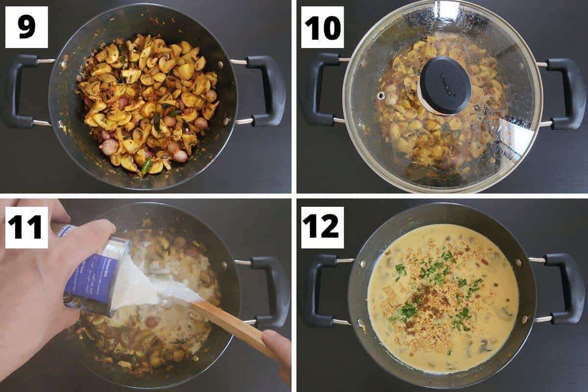 Collage of images of steps 9 to 12 of mushroom coconut milk curry recipe.