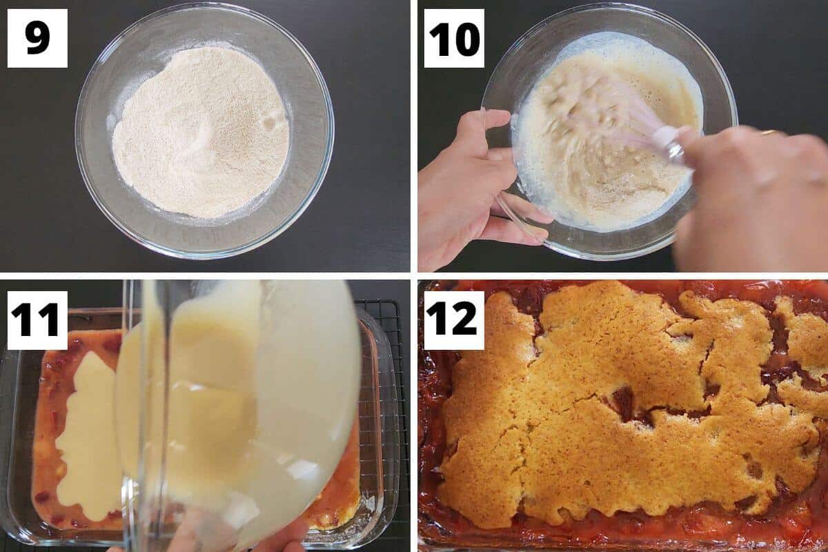 Collage of images of steps 9 to 12 of plum cobbler recipe.